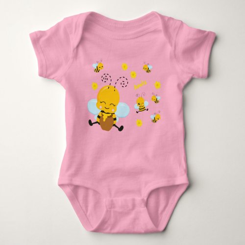 Cute Happy Bumble Bee with Flowers Pink Baby Bodysuit