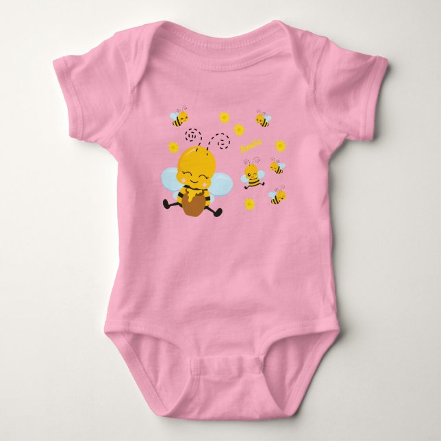 Cute Happy Bumble Bee with Flowers Pink Baby Bodysuit (Front)