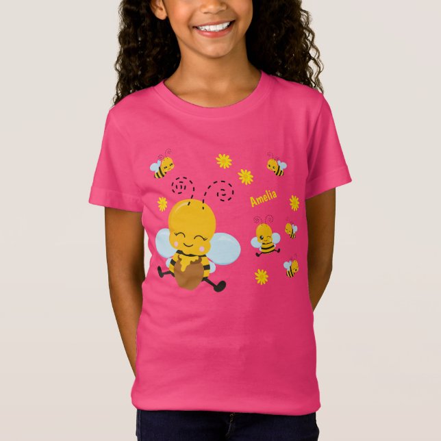 Cute Happy Bumble Bee with Flowers Pink T-Shirt (Front)