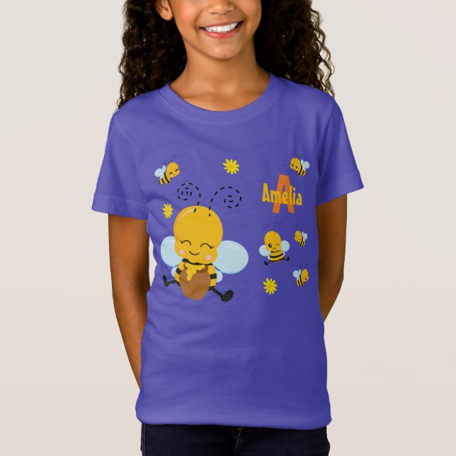 Cute Happy Bumble Bee with Flowers Purple T-Shirt (Front)
