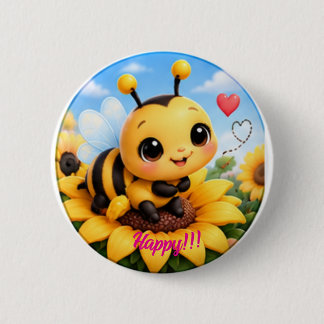 Cute Happy Bumblebee on Sunflower 3 Inch Round But Button