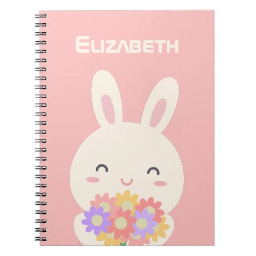 Cute Happy Bunny and Flowers Pink Notebook