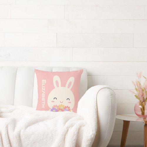 Cute Happy Bunny and Flowers Pink Throw Pillow