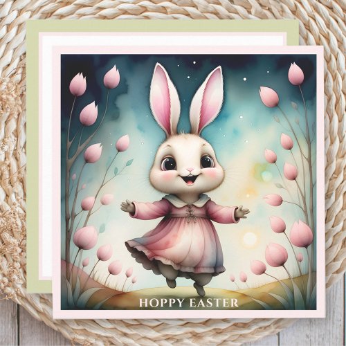 Cute Happy Bunny Girl Watercolor Easter Card