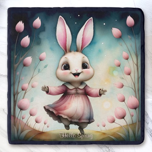 Cute Happy Bunny Girl Watercolor Easter Spring Trivet