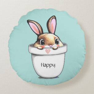 Cute Happy Bunny in a Plant Pot on Light Blue Round Pillow