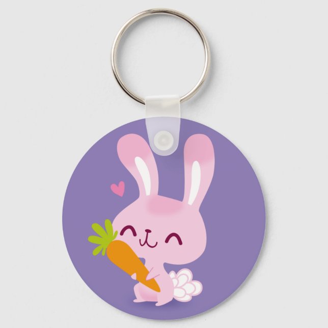 Cute Happy Bunny Rabbit Holding a Carrot Keychain (Front)