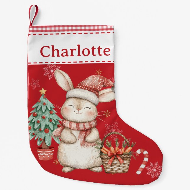Cute Happy Bunny Rabbit Red Gingham  Small Christmas Stocking (Front)