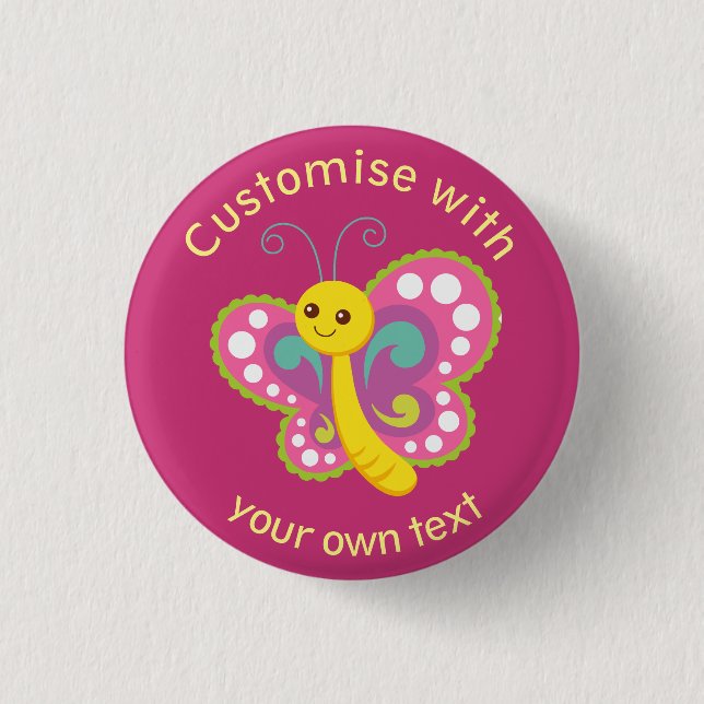 Cute Happy Butterfly Custom Pink Button (Front)