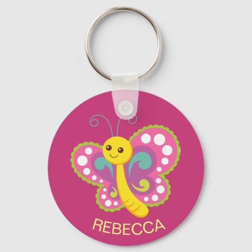 Cute Happy Butterfly Custom Pink Personalised Keychain