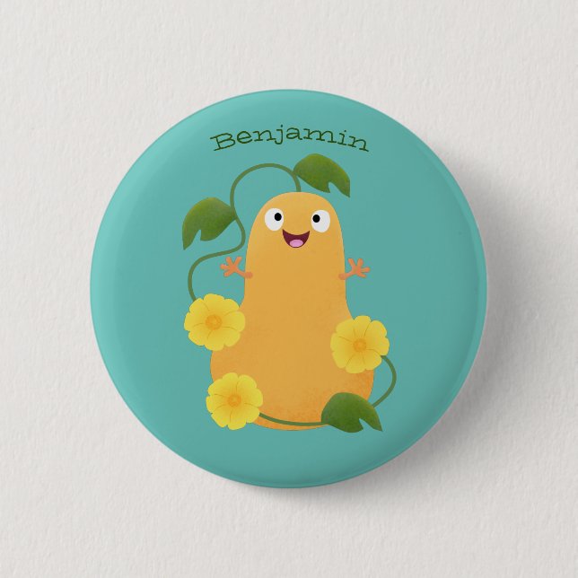 Cute happy butternut pumpkin gourd cartoon button (Front)