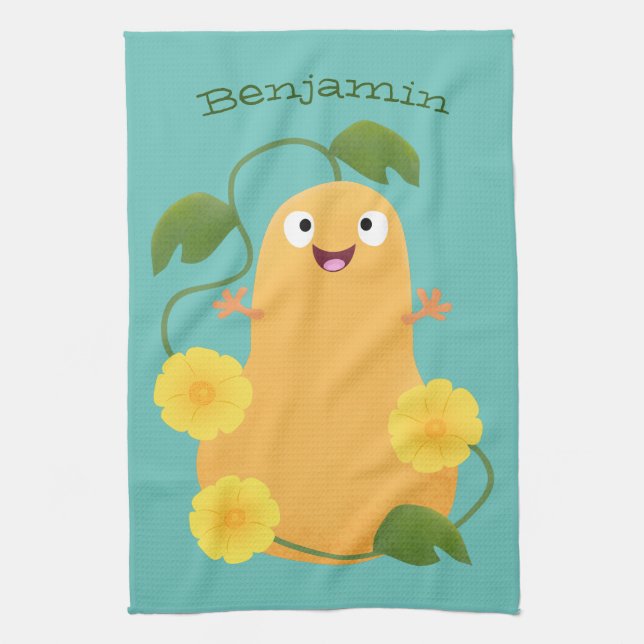 Cute happy butternut pumpkin gourd cartoon kitchen towel (Vertical)