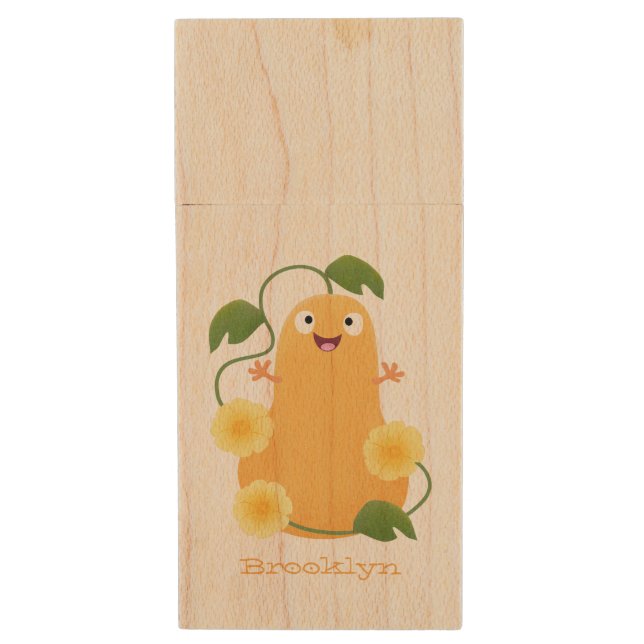 Cute happy butternut pumpkin gourd cartoon wood flash drive (Front Vertical)