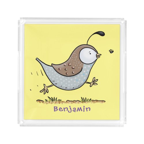 Cute happy californian quail cartoon illustration acrylic tray