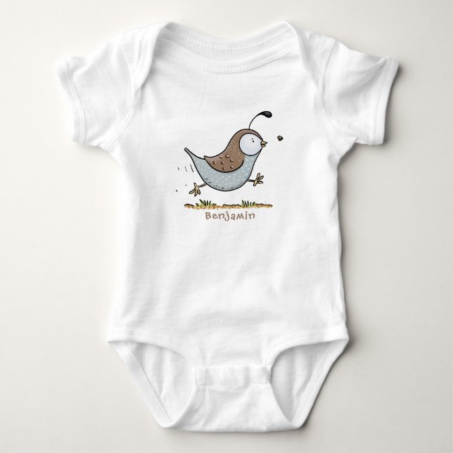 Cute happy californian quail cartoon illustration baby bodysuit (Front)