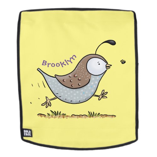Cute happy californian quail cartoon illustration backpack