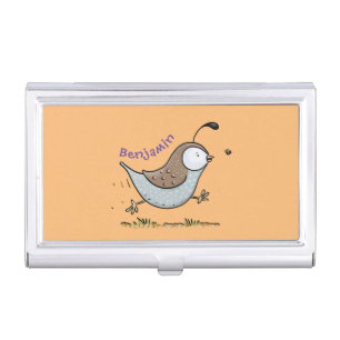 Cute happy californian quail cartoon illustration business card case