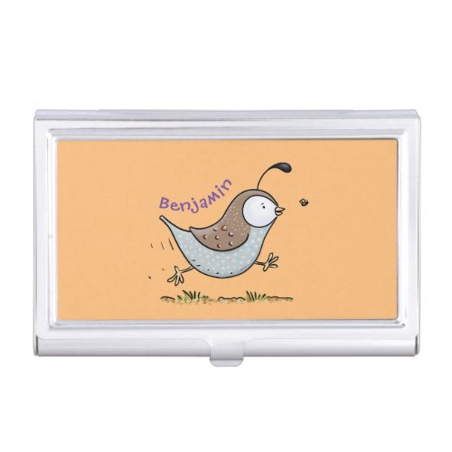 Cute happy californian quail cartoon illustration business card case