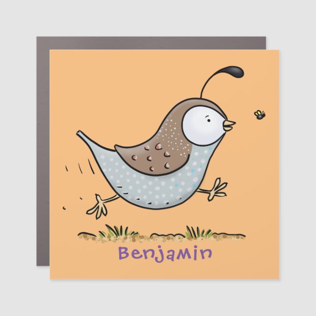 Cute happy californian quail cartoon illustration car magnet (Front)