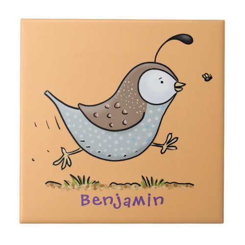 Cute happy californian quail cartoon illustration ceramic tile