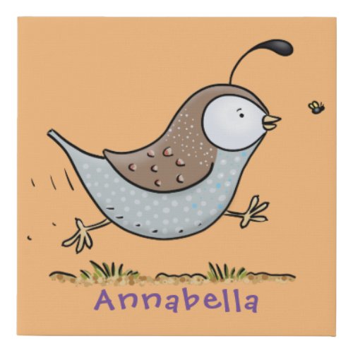Cute happy californian quail cartoon illustration faux canvas print