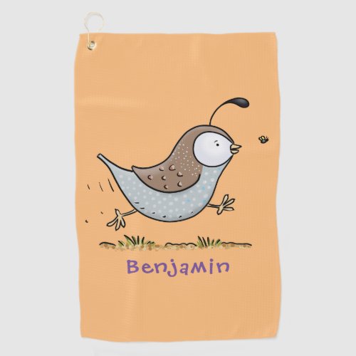 Cute happy californian quail cartoon illustration  golf towel