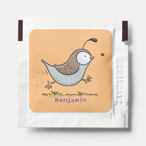 Cute happy californian quail cartoon illustration hand sanitizer packet