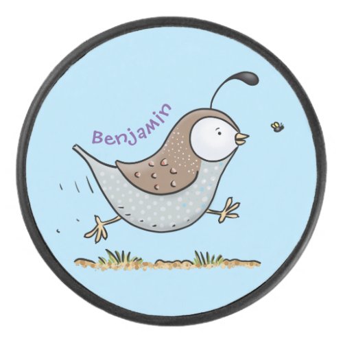 Cute happy californian quail cartoon illustration hockey puck