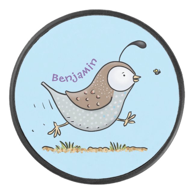 Cute happy californian quail cartoon illustration hockey puck (Front)