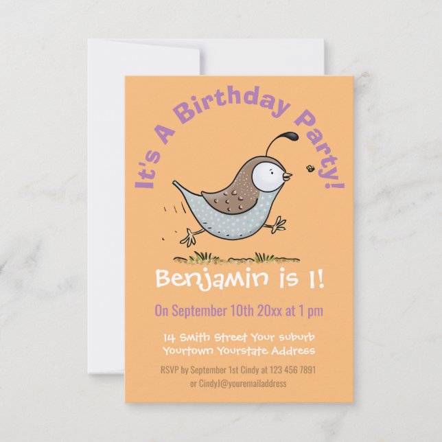 Cute happy californian quail cartoon illustration invitation (Front)