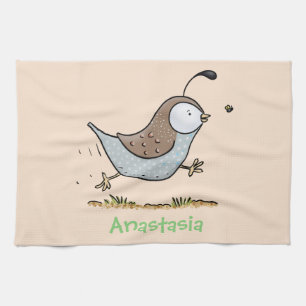 Cute happy californian quail cartoon illustration kitchen towel
