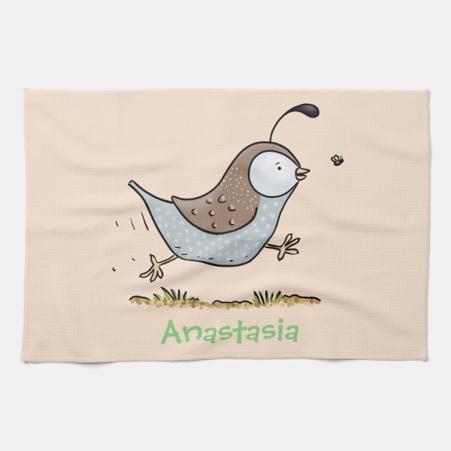Cute happy californian quail cartoon illustration kitchen towel (Horizontal)