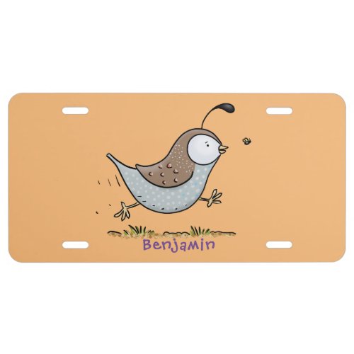 Cute happy californian quail cartoon illustration license plate