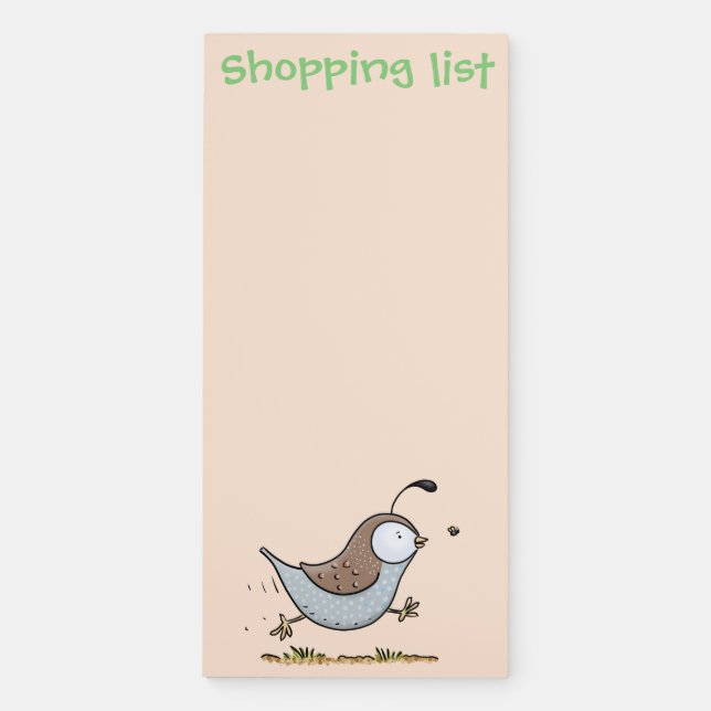 Cute happy californian quail cartoon illustration magnetic notepad (Front)