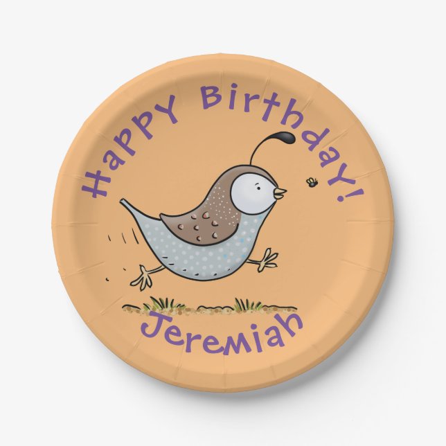 Cute happy californian quail cartoon illustration paper plates (Front)
