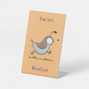 Cute happy californian quail cartoon illustration pedestal sign