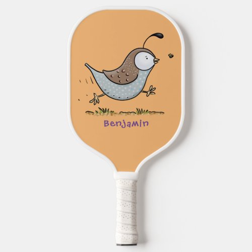 Cute happy californian quail cartoon illustration pickleball paddle