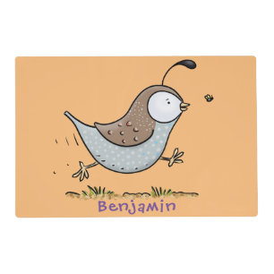 Cute happy californian quail cartoon illustration placemat