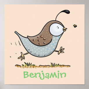 Cute happy californian quail cartoon illustration poster