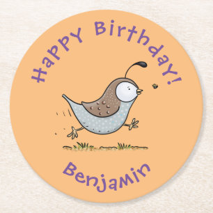 Cute happy californian quail cartoon illustration round paper coaster