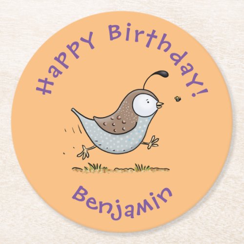 Cute happy californian quail cartoon illustration round paper coaster