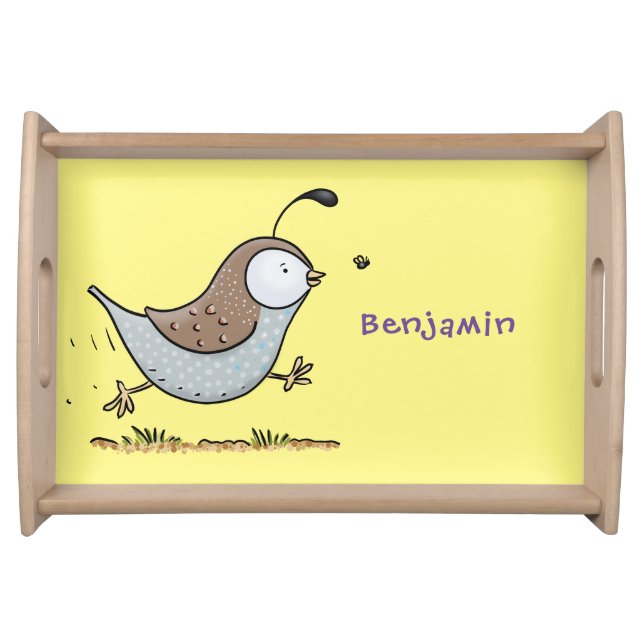 Cute happy californian quail cartoon illustration serving tray (Front)