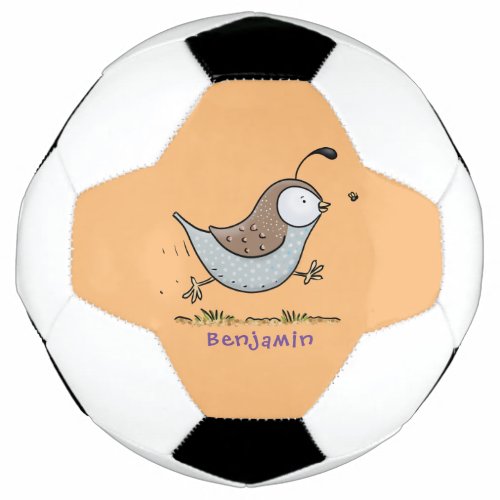 Cute happy californian quail cartoon illustration soccer ball