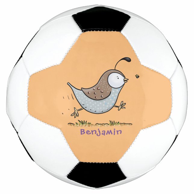 Cute happy californian quail cartoon illustration soccer ball (Front)