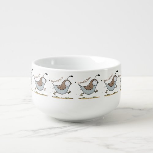 Cute happy californian quail cartoon illustration soup mug