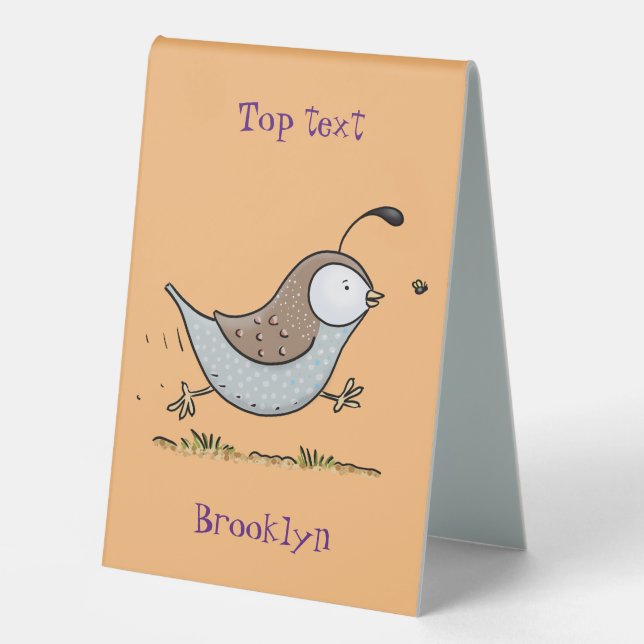 Cute happy californian quail cartoon illustration table tent (Front)