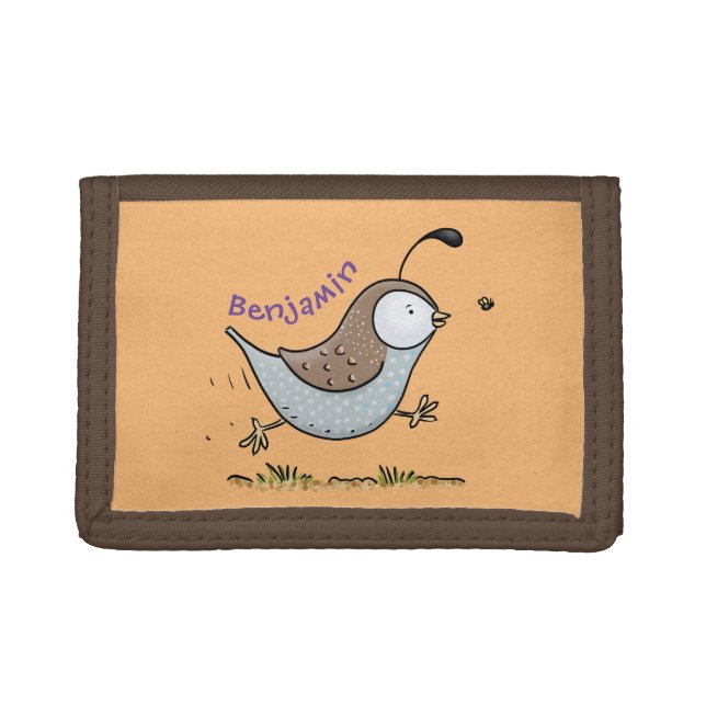 Cute happy californian quail cartoon illustration trifold wallet (Front)