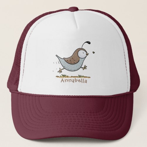 Cute happy californian quail cartoon illustration trucker hat
