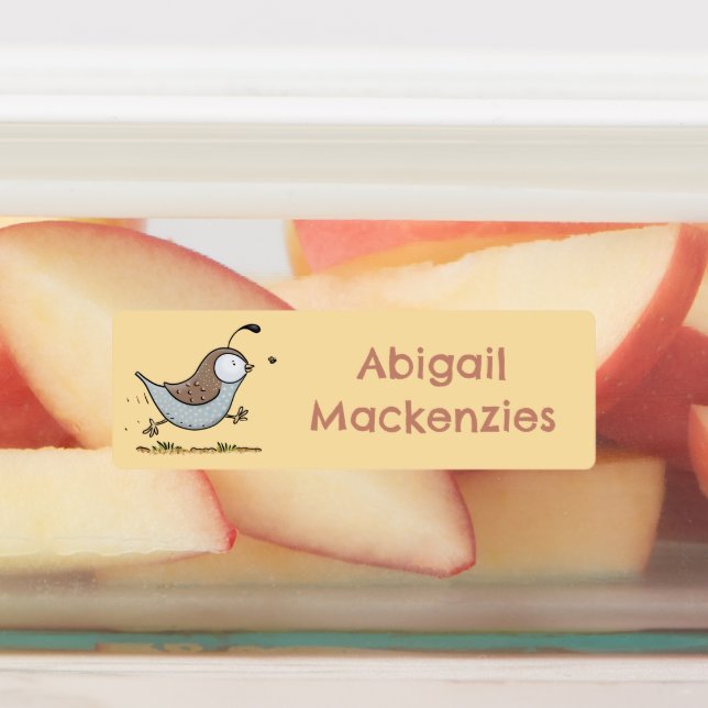 Cute happy californian quail cartoon personalized labels (Affixed)