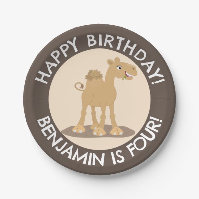 Cute happy camel personalized birthday cartoon paper plates (Front)